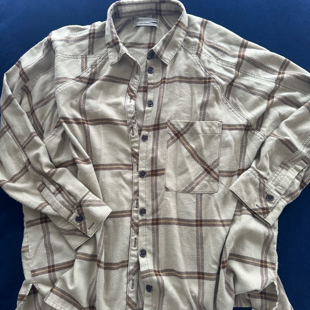 Urban Outfitters Tan Army Green Flannel Button Down Shirt